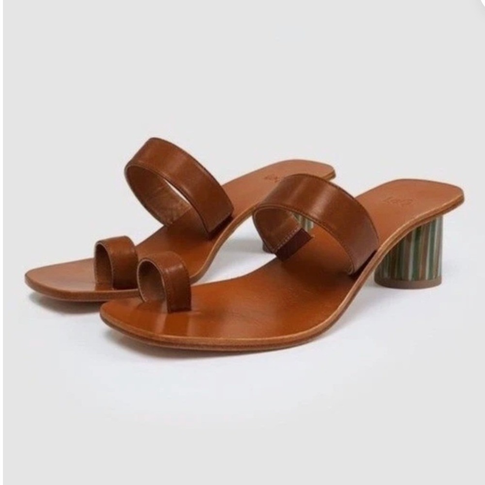 LoQ Tere Tan Leather Toe Loop Sandals with Striped Block Heel‎ Size 40 US 9.5